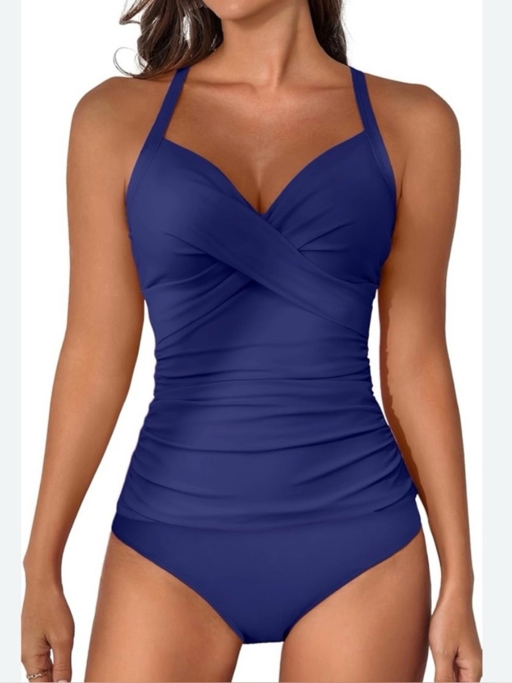 NWOT Navy Blue Tankini 2-Piece with Ruched Sides, Padded Bra, Adjustable Straps